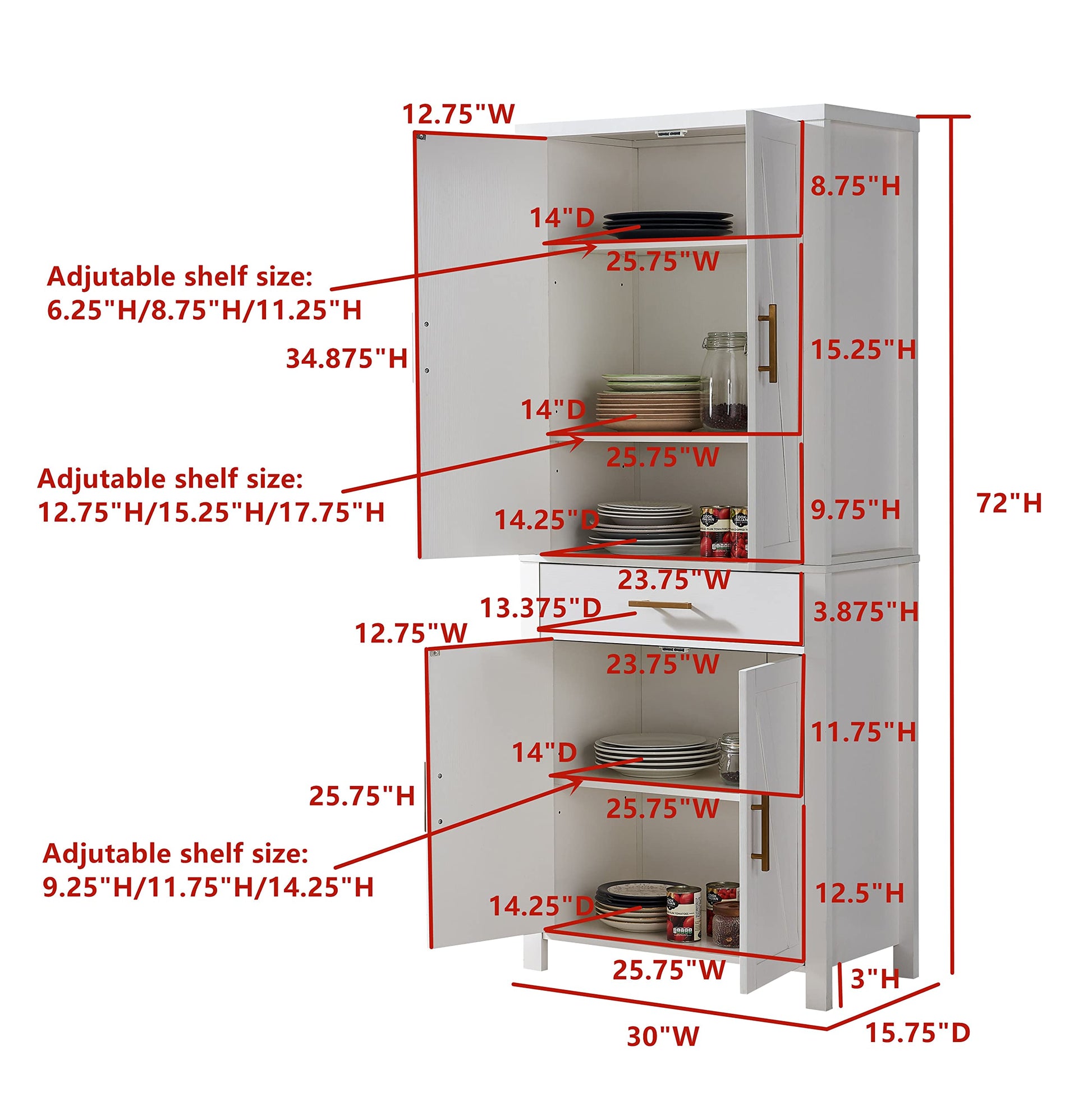 Kings Brand Furniture - 72" Freestanding Kitchen Pantry Storage Cabinet Cupboard with Doors Adjustable Shelves & Drawer, White - WoodArtSupply