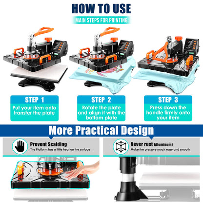 Pro 8 in 1 Heat Press Machine Combo T Shirt Pressing Machine 15x12Multifunctional 360°Rotation Swing Printing Sublimation Heat Press Transfer Machine - WoodArtSupply