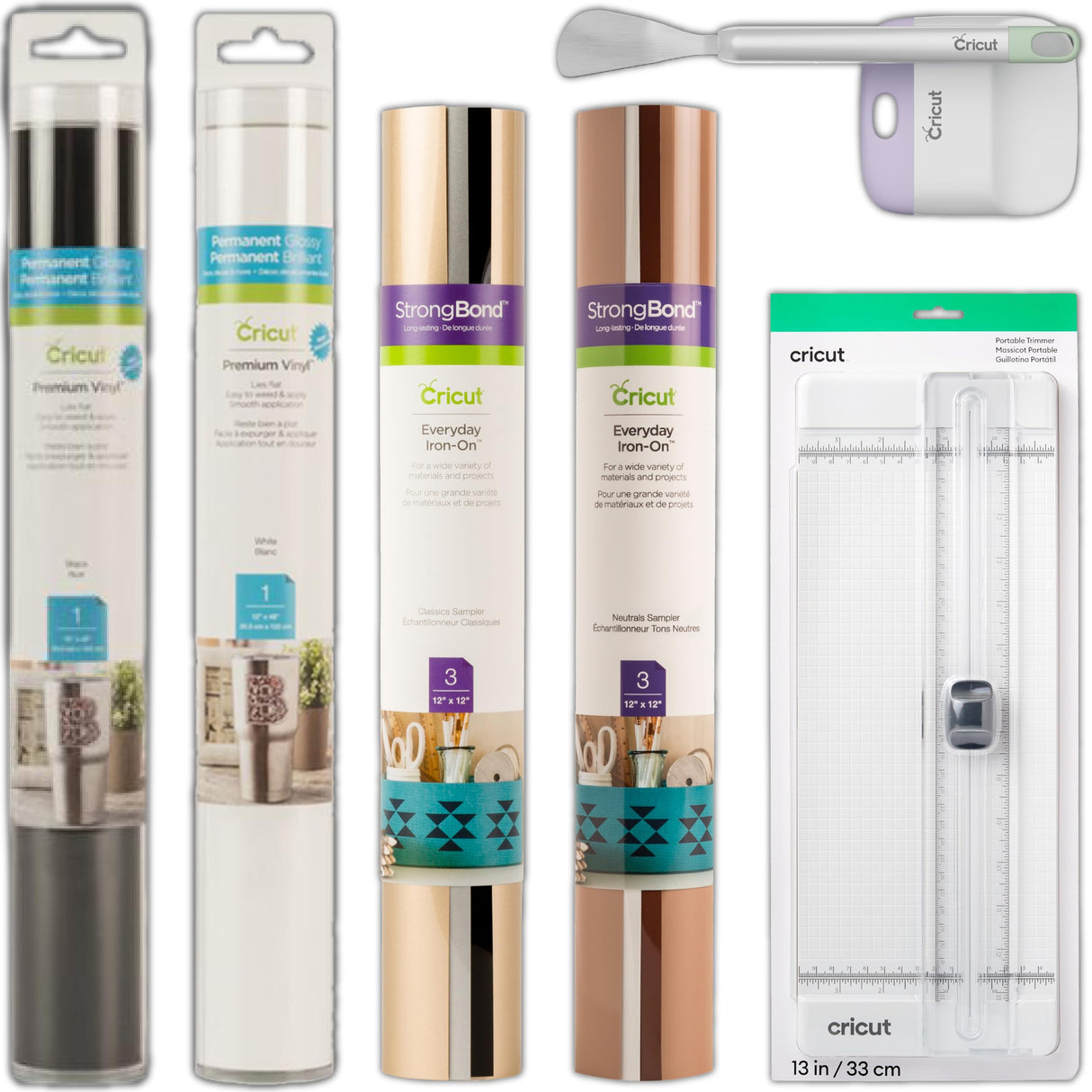 Cricut Explore Air 2 with Everyday Iron-On Samplers, Vinyl Rolls, Essential Tool Set and Portable Trimmer Bundle - Neutral Cutting Machine Materials Cricut