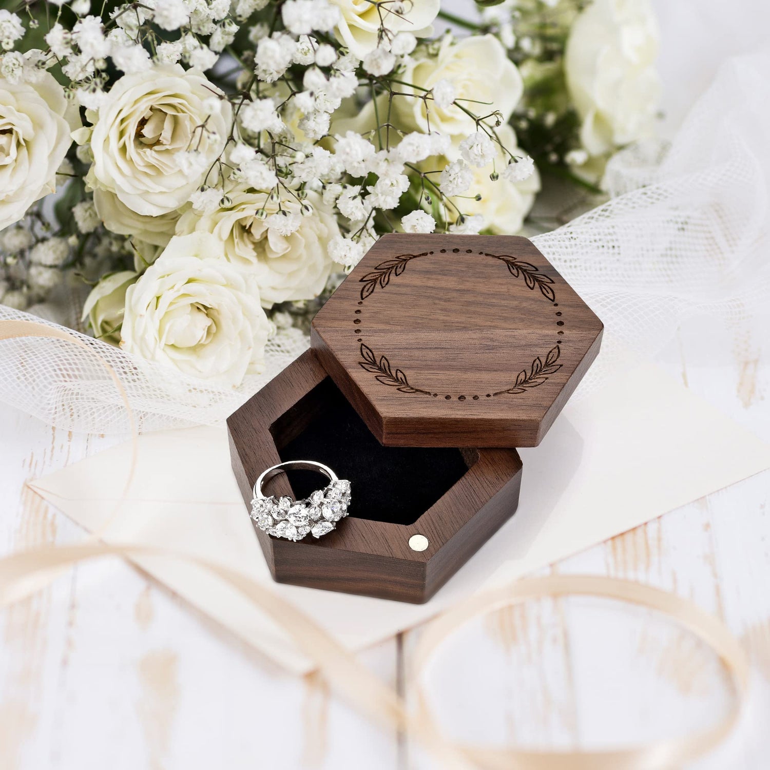 Yoption Custom Wooden Ring Box, Handcrafted Walnut Wood Engraved Hexagon Ring Holder, Mr and Mrs Ring Box for Wedding Ceremony Anniversary Proposal Yoption