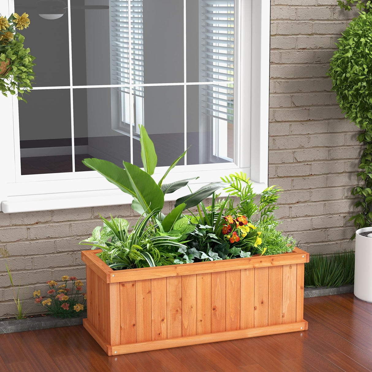 Giantex Raised Garden Bed, 31”x14”x12” Wooden Planter Box with 4 Drainage Holes & Detachable Bottom Panels, Elevated Flower Bed, Rectangular Plant Giantex