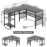 L-Shaped Computer Desk with USB Charging Port and Power Outlet - Unikito Industrial Reversible Corner Desk with Storage Shelves for Gaming and Office Use Unikito