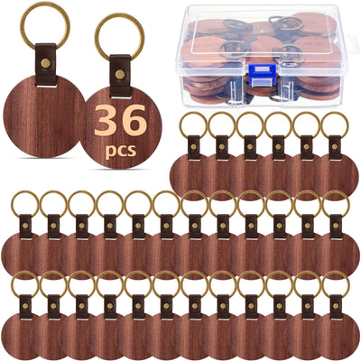 Ecally 36 Pcs Wooden Keychain Blanks Leather Strap Wood Keychain Blanks Round Wood Keyring with for DIY Employee Coworker Gift Craft