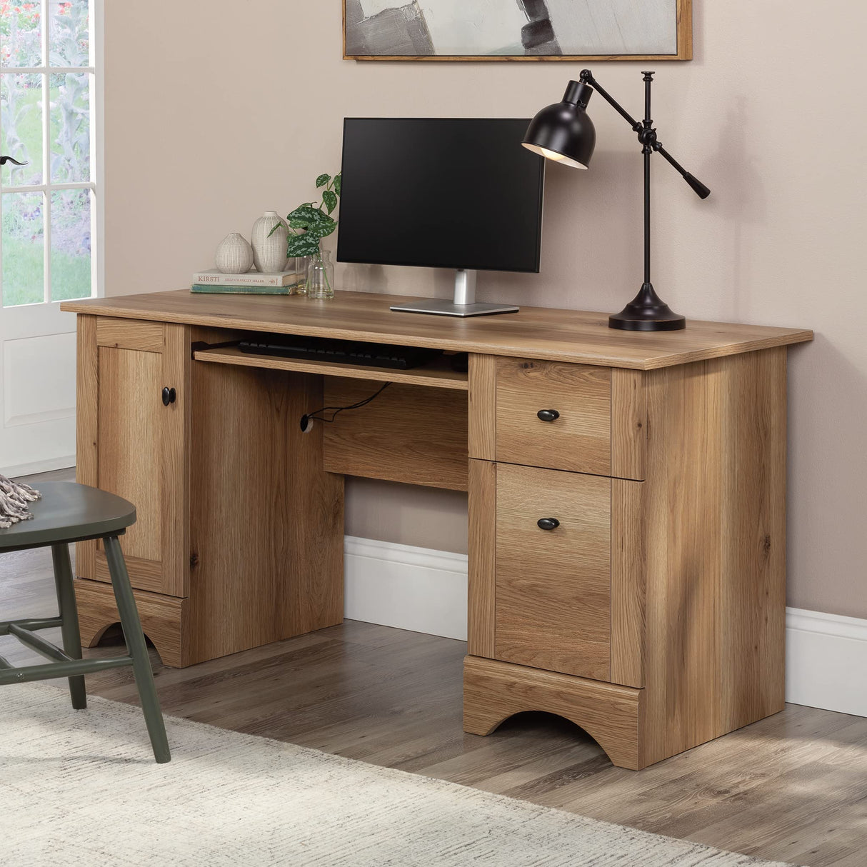 Sauder Miscellaneous Office Computer Desk with Drawers, L: 59.45" x W: 23.47" x H: 29.02", Timber Oak Finish Sauder