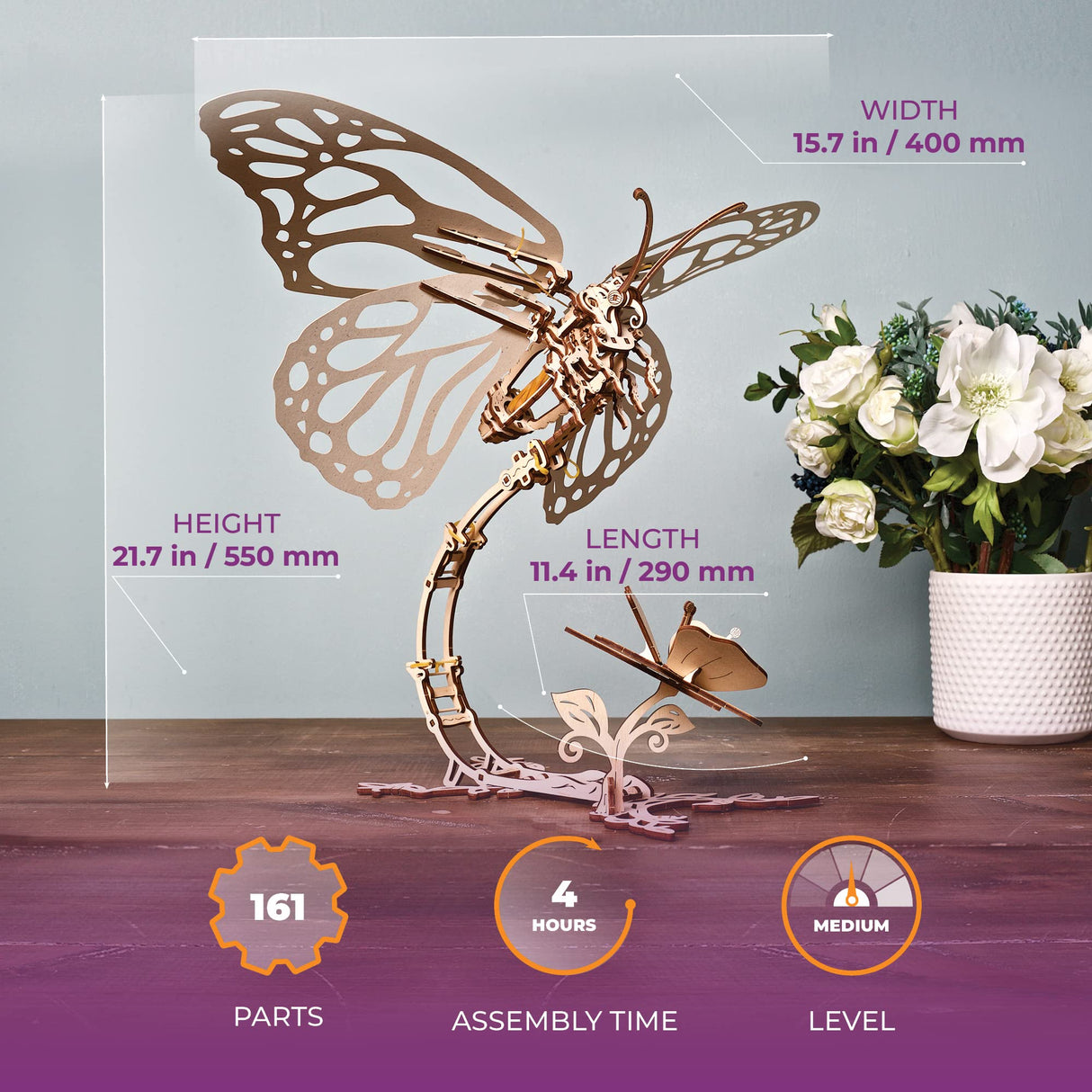 Ugears Butterfly 3D Mechanical Model Self-Assembling Wooden Miniature DIY Set Wooden Box Brainteaser UGEARS
