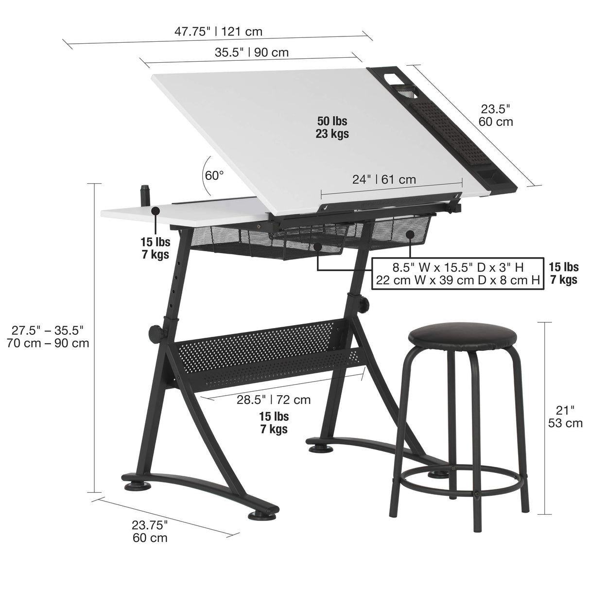 47" W Fusion Craft Center with 24" Supply Tray, 60 Degree Angle Adjustable Top and Height Adjustable from 27.75" – 35.5" when Flat, Stool and SD STUDIO DESIGNS