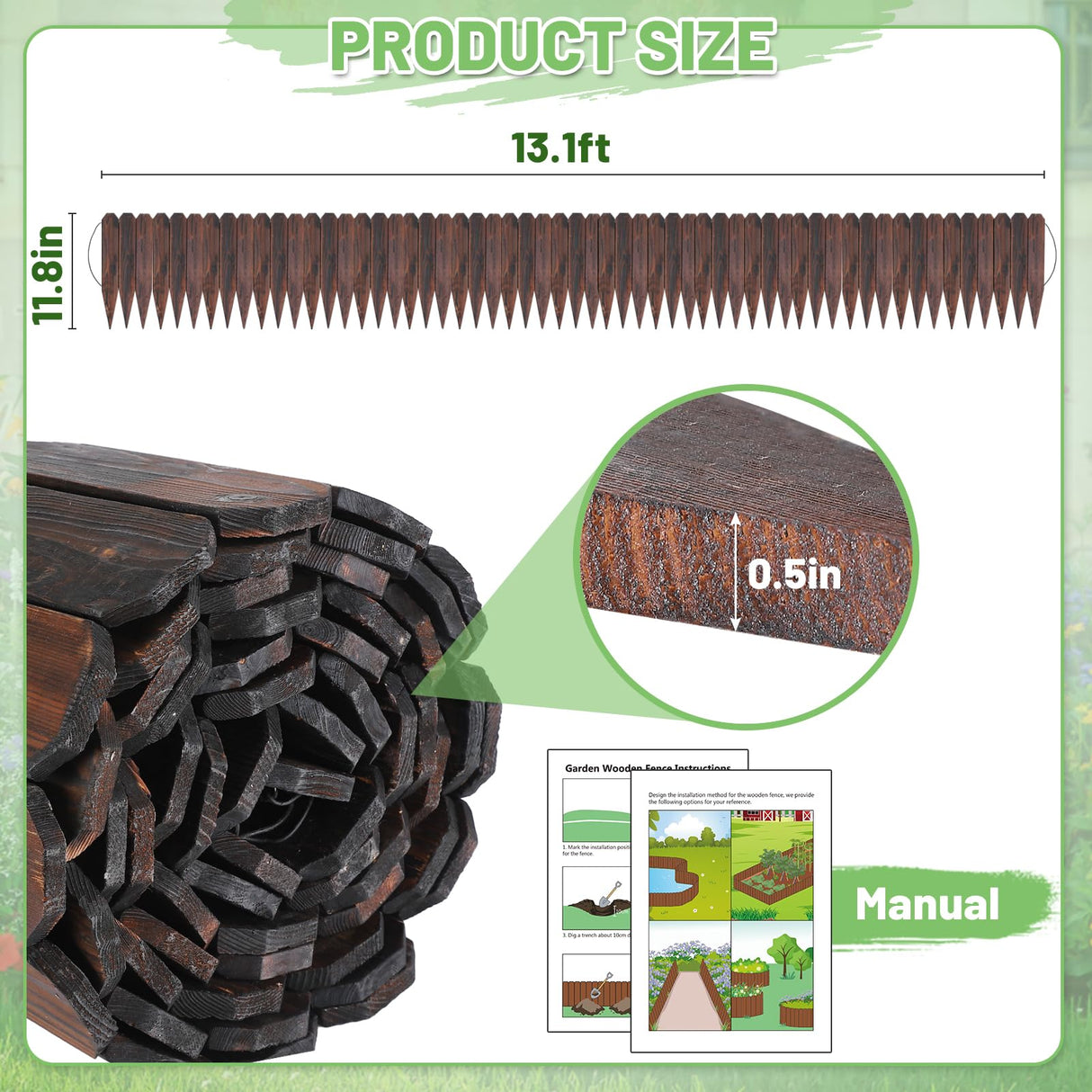 Wood Garden Fence - 13.1ft (L) x 11.8in (H) Pine Landscape Border Edging, Flexible Weather-Resistant Fences for Decorate Spring Outdoor Patio Yard Acostop