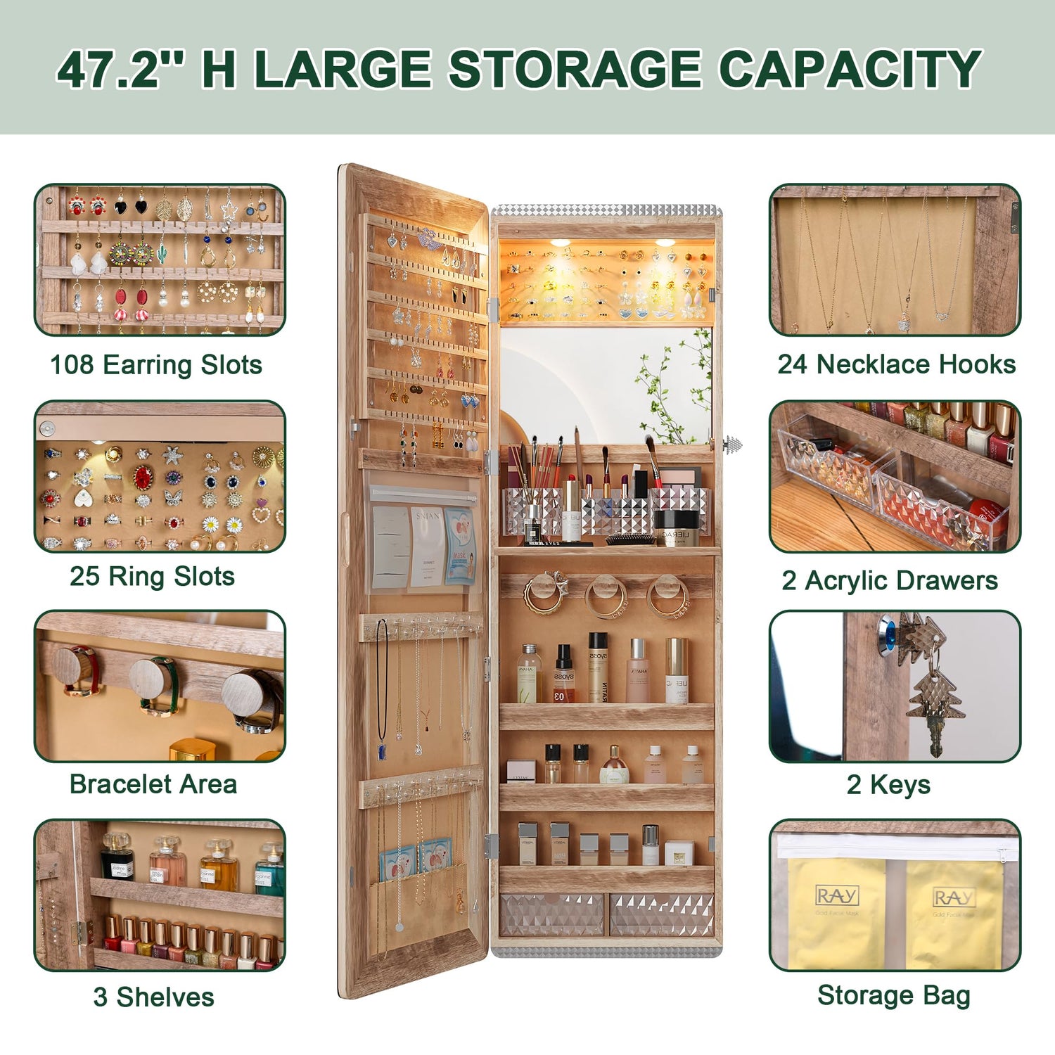 HNEBC LED Mirror Jewelry Cabinet,47.2" Wall Mounted Jewelry Organizer with Full-Length Mirror,Over The Door Hanging Jewelry Armoire Storage HNEBC