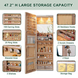 HNEBC LED Mirror Jewelry Cabinet,47.2" Wall Mounted Jewelry Organizer with Full-Length Mirror,Over The Door Hanging Jewelry Armoire Storage HNEBC