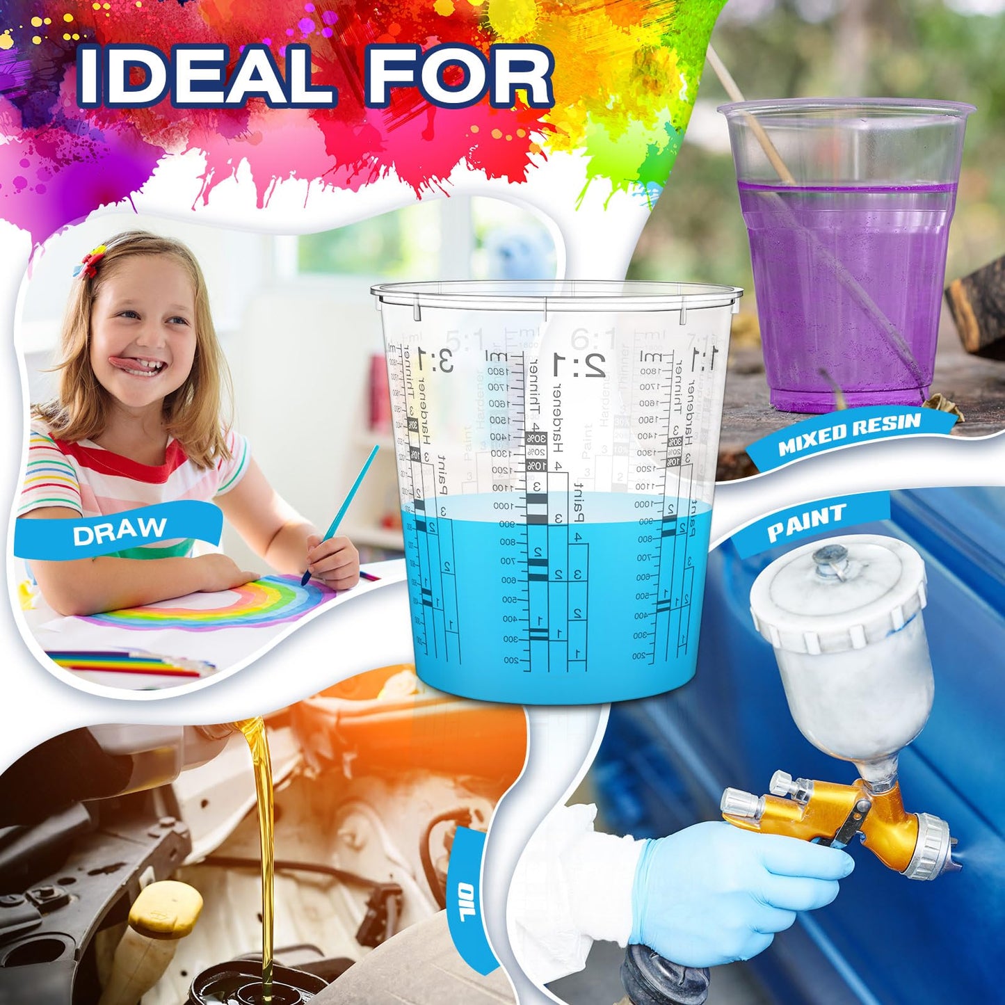 24 Pcs 64 oz 1800 ml Paint Measuring Cups Mixing Cups with Graduated and 20 Pcs Paint Mixing Sticks Plastic Disposable Resin Automotive Epoxy Mixing - WoodArtSupply