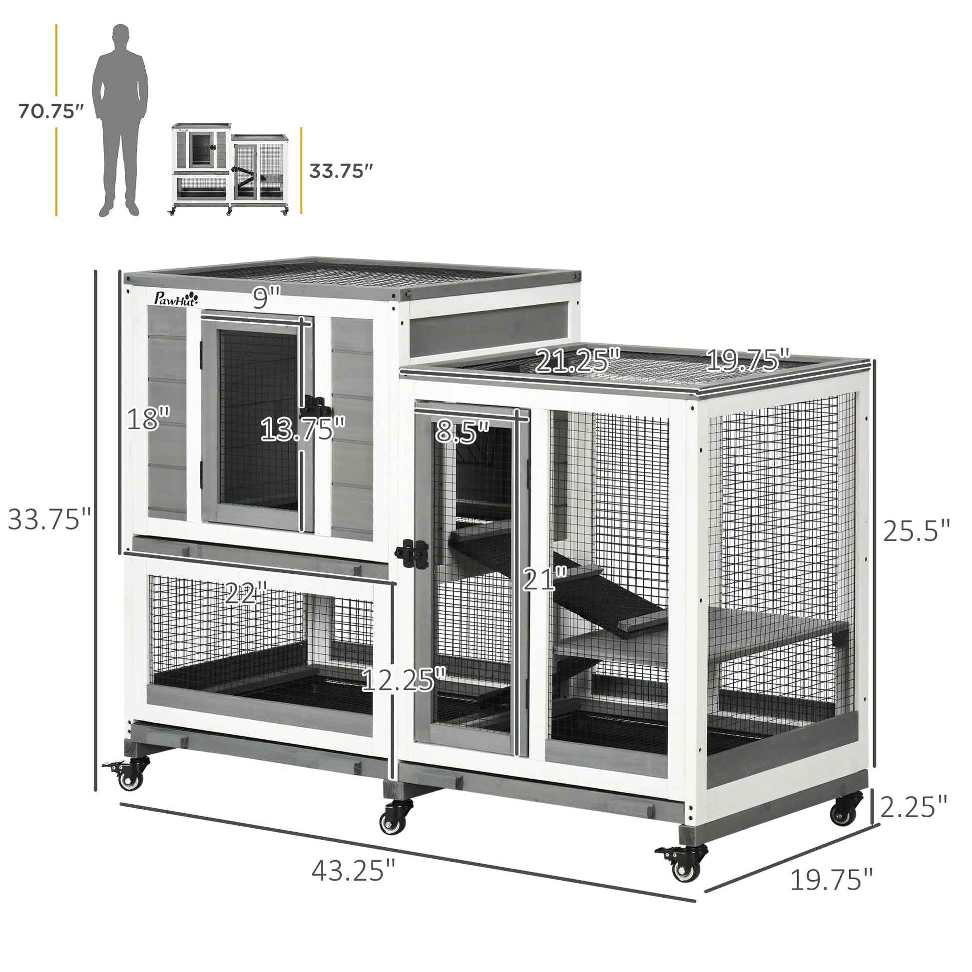 PawHut Indoor Rabbit Hutch, Three Story Wooden Rabbit Cage Bunny Hutch with Runs, Wheels, Waterproof Roof and Removable Trays, Gray - WoodArtSupply