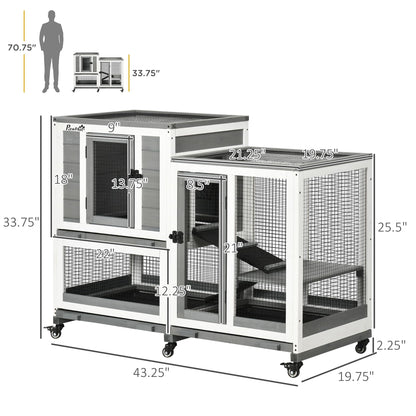 PawHut Indoor Rabbit Hutch, Three Story Wooden Rabbit Cage Bunny Hutch with Runs, Wheels, Waterproof Roof and Removable Trays, Gray - WoodArtSupply