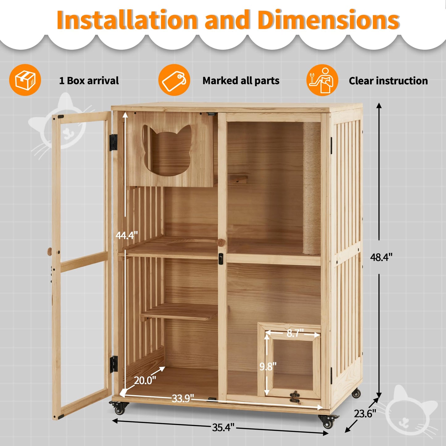 MCombo Luxury Wood Cat House with Scratching Post, Wooden Indoor Cat Enclosure with Wheels, Multi-Feature Enclosed Cat Condo with Escape Door, Wood - WoodArtSupply