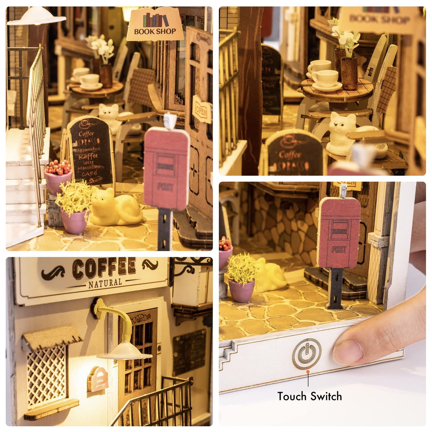 ROBOTIME DIY Book Nook Kit Bookend Stand Bookshelf Insert Bookcase Miniature House with Sensor Light 3D Wooden Puzzle Model Building (Sunshine Town)