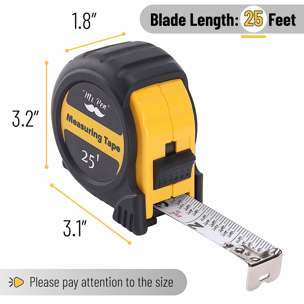 Mr. Pen- Tape Measure, 25-Foot, Steel Retractable Tape Measure with Fractions, Easy Read Tape Measure, Steel Tape Measure 25 ft Mr. Pen