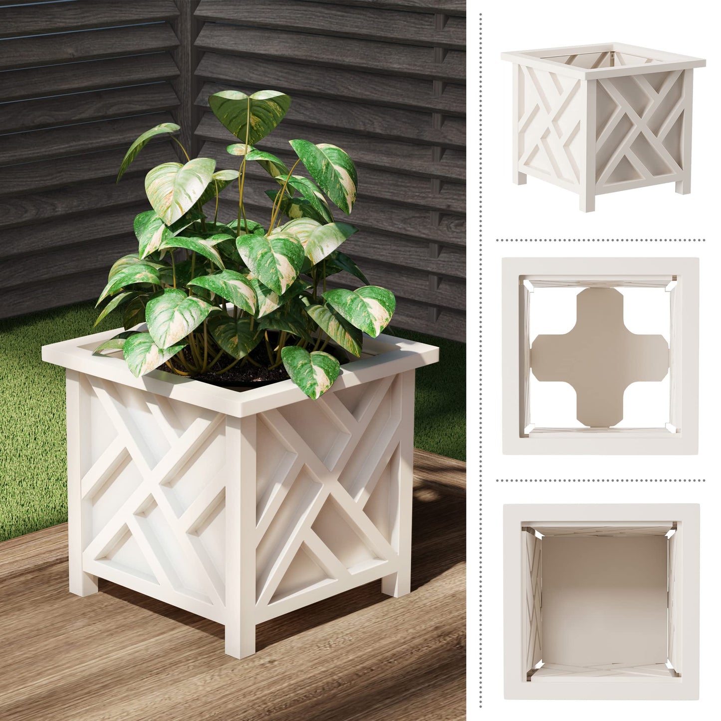 Pure Garden Lattice Design Planter Box 2-Pack – 14.75-Inch Decorative Outdoor Flower or Plant Pots – Front Porch, Patio, and Garden Decor (White)
