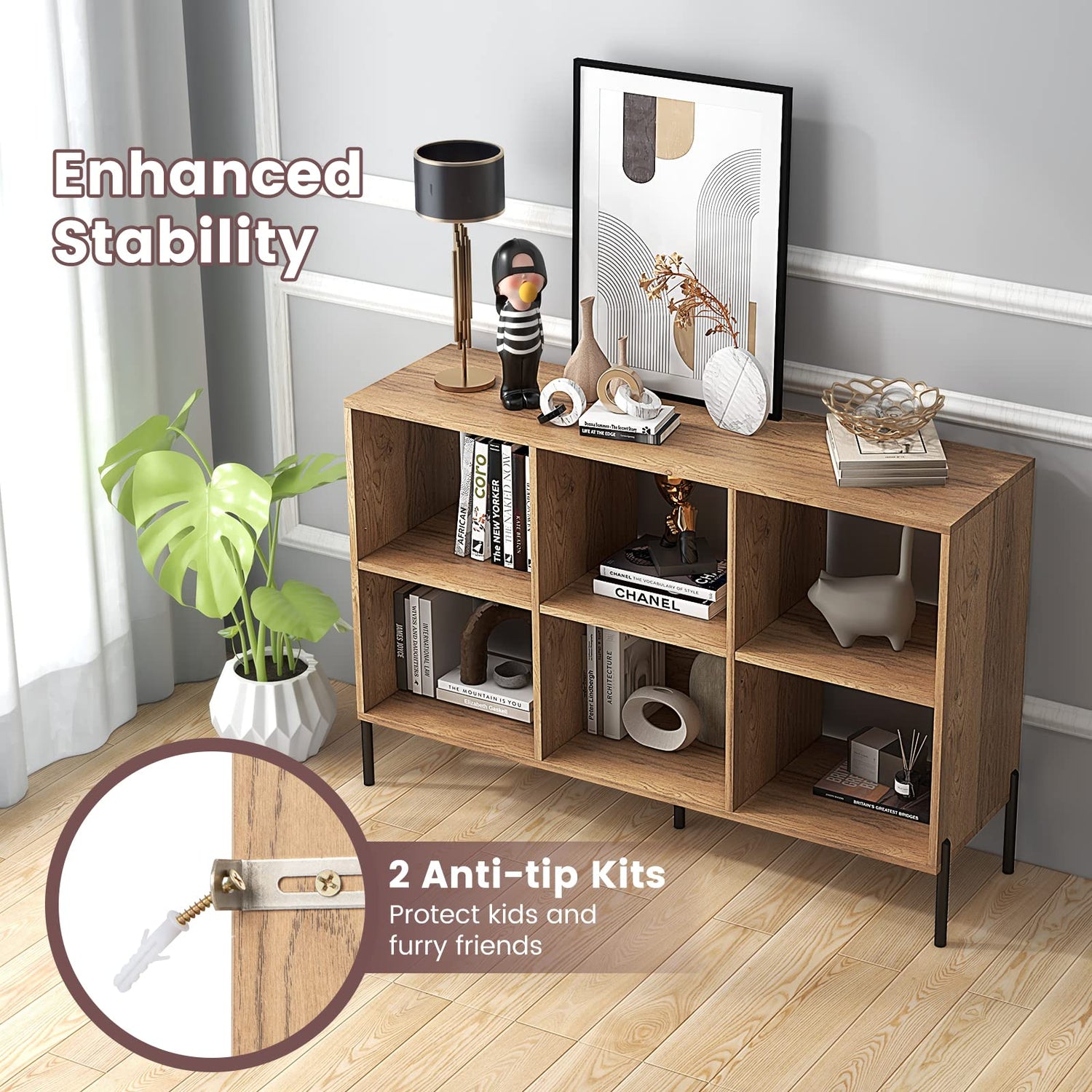 Giantex Natural 6-Cube Bookcase with Adjustable Shelves and Metal Legs Giantex