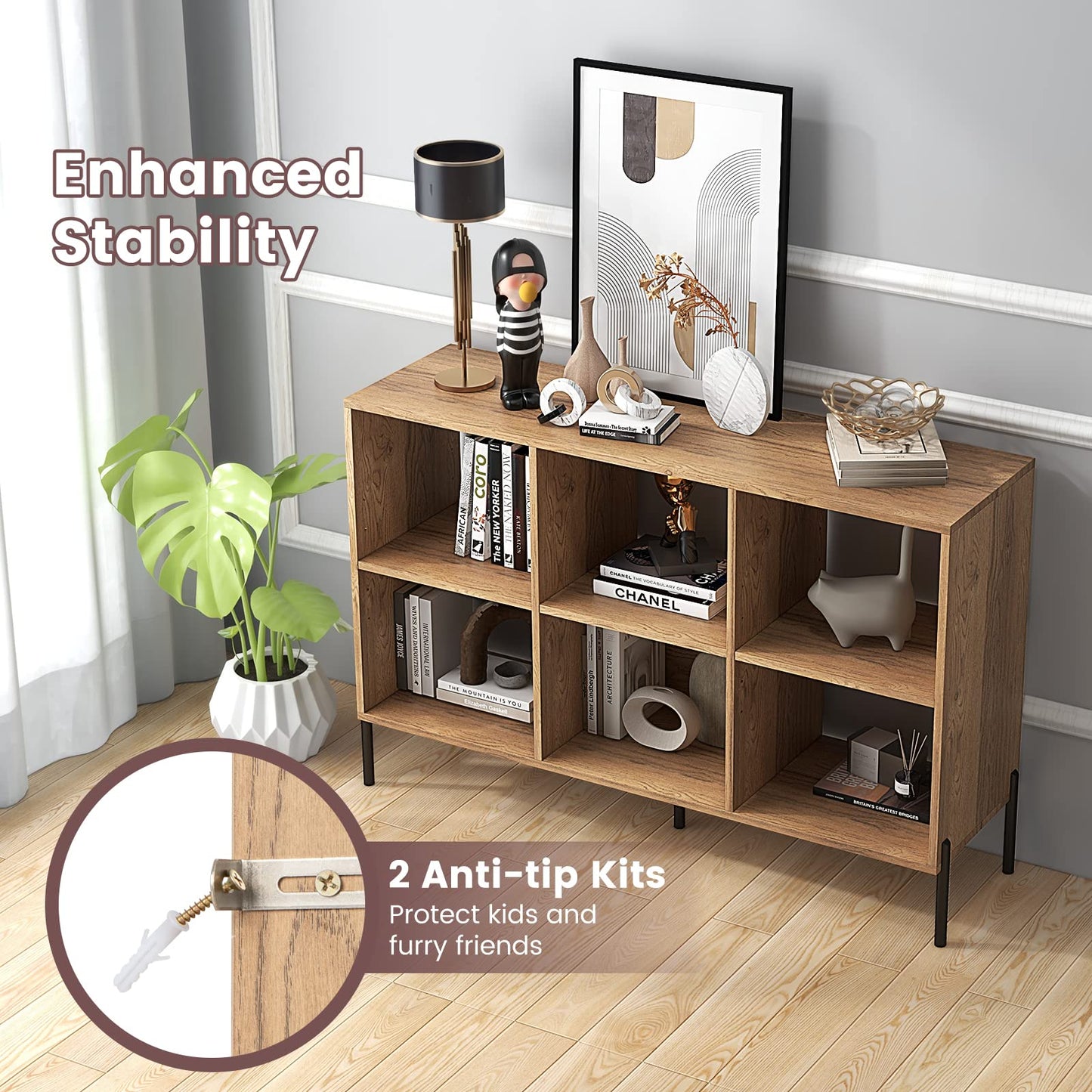 Giantex Natural 6-Cube Bookcase with Adjustable Shelves and Metal Legs - WoodArtSupply