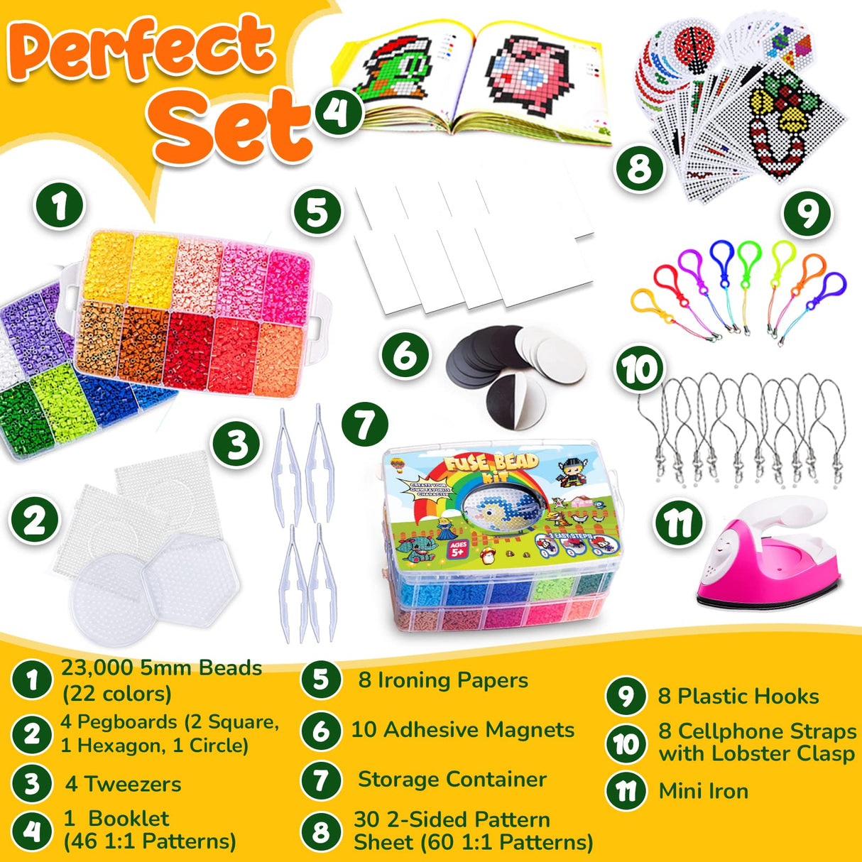 GoodyKing Board Fuse Beads Iron Set - Fuse Beads Set for Kids Crafts with Bead Pegboard and Aqua Pony Beads, Pixel Art and Craft Bead Kit (Large Set Goody King