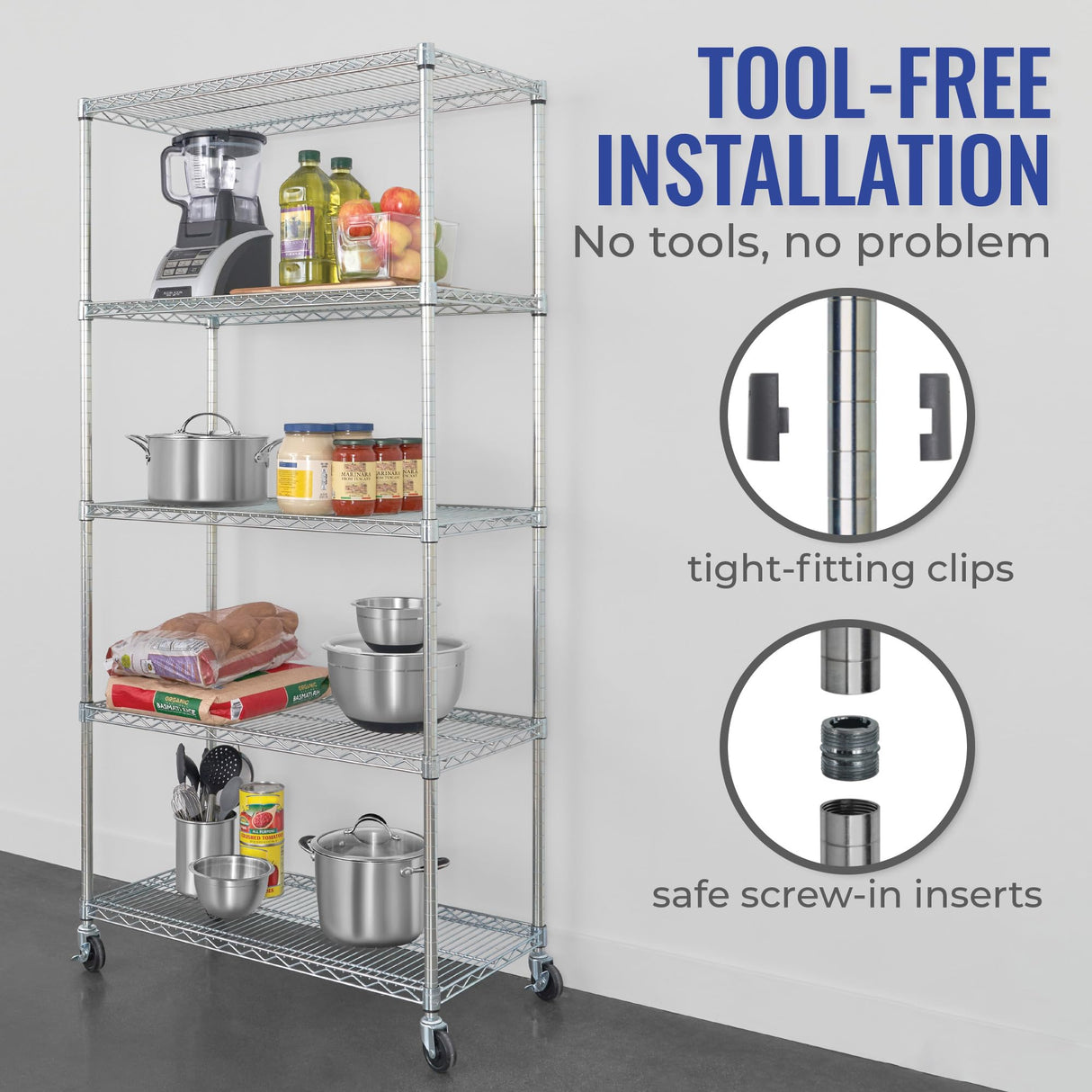 Heavy-Duty NSF Certified Storage Shelves with Wheels - SafeRacks Adjustable Steel Wire Shelving Unit SafeRacks