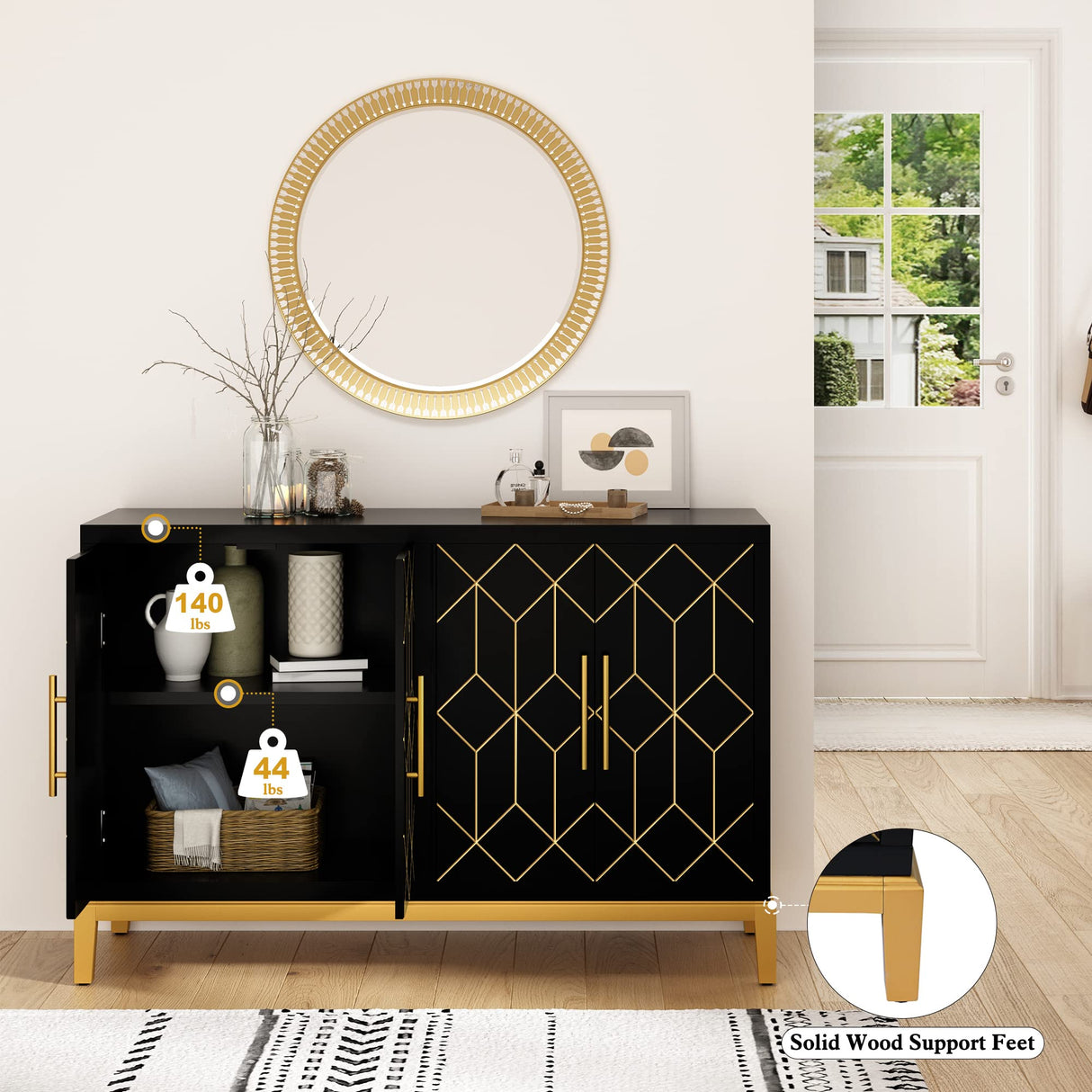 HLR Accent Cabinet with 4 Doors&Shelves, Sideboard Buffet Cabinet with Gold Trim, Modern Black Storage Cabinet for Living Room, Entryway, Kitchen, HLR