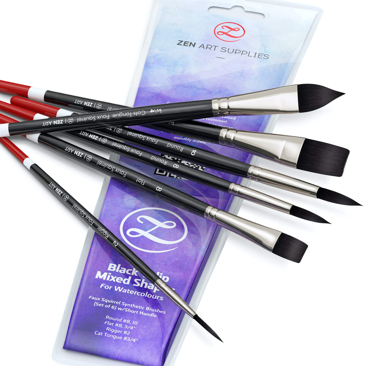 Watercolor Brushes Professional Synthetic Set - 6 Faux Squirrel Artist Watercolor Paint Brushes for Gouache, Acrylics, Ink and Wet Media. ZenART Supplies