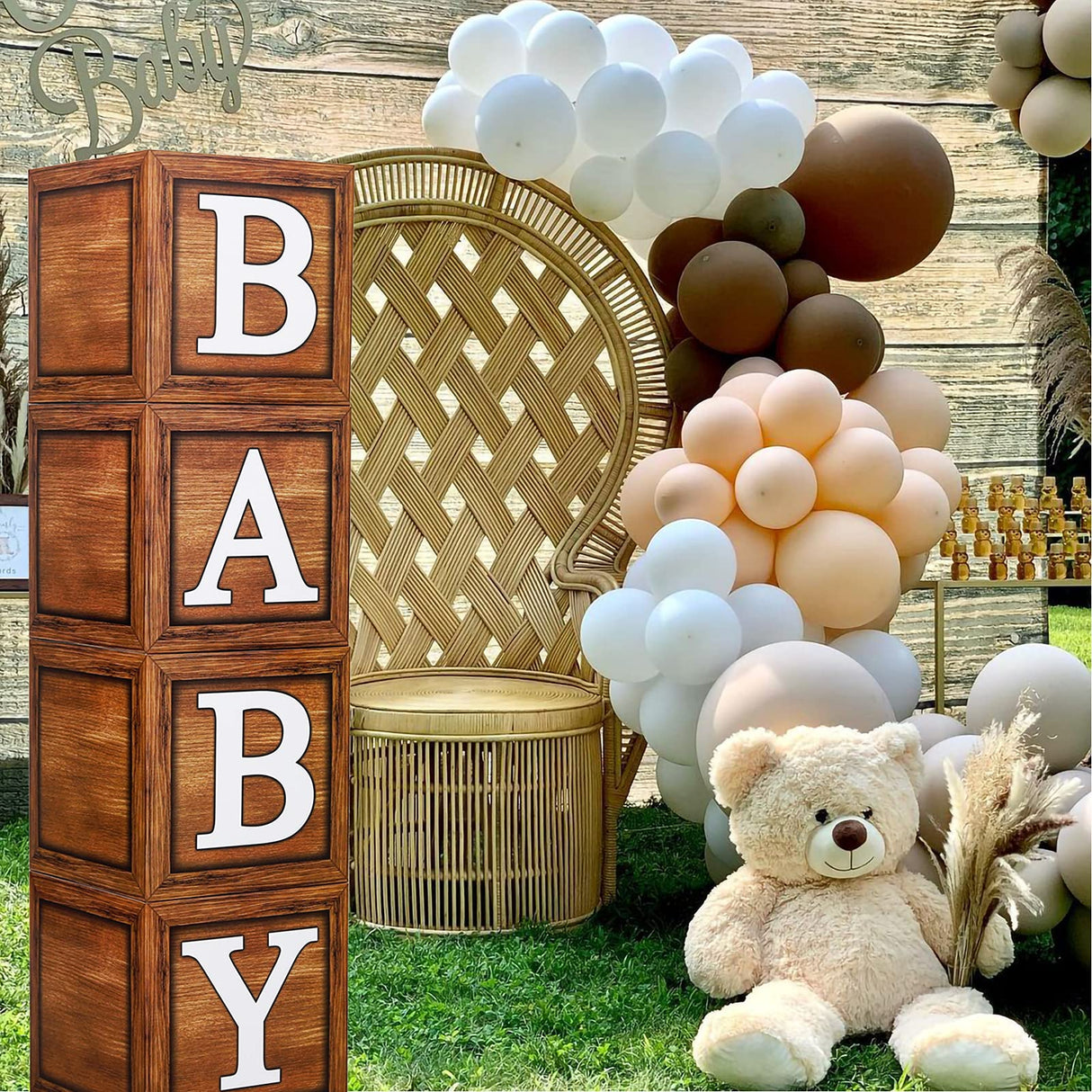 Baby Shower Boxes for Birthday Party Decorations - 4 Wood Grain Brown Blocks with BABY Letter, Printed Letters,First Birthday Centerpiece Decor, Frigg