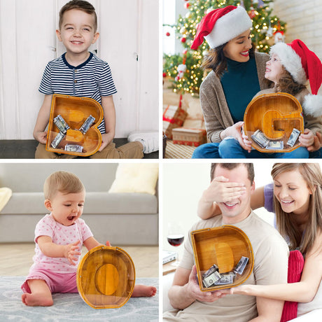 Custom Wooden Piggy Bank, (Laser Engraved Name) Large Wood Bank, 4-in-1 Creative Alphabet Storage Tank Personalized Letters Coin Bank Customized Wood Sulevalt