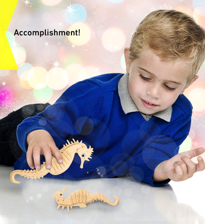 Puzzled 3D Puzzle Sea Horse - Wood Craft Construction Model Kit - Unique Educational DIY Wooden Toy Assemble Model Unfinished Crafting Hobby Sea Life - WoodArtSupply