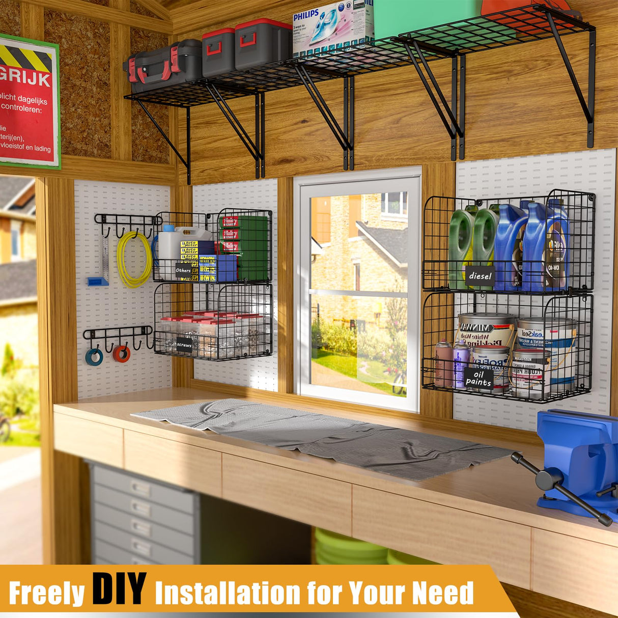 ThreeHio 2 Pack Garage Shelves Wall Mounted with Wire baskets, Heavy Duty Garage Wall Shelving with Hooks, Wire Shelf Baskets Tool Organizer for Home ThreeHio