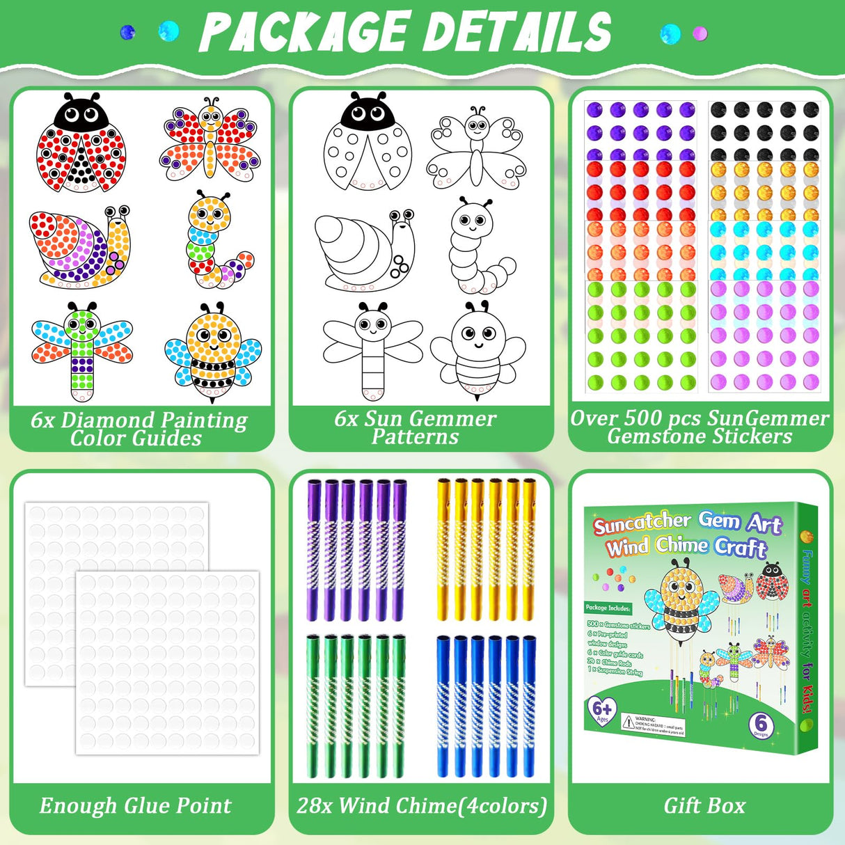 6 Pack Spring Arts Crafts Animals Gem Diamond Suncatcher Wind Chime Crafts for Kids DIY Spring Diamond Painting Wind Chime Gifts Exchange for Kids Qyeahkj