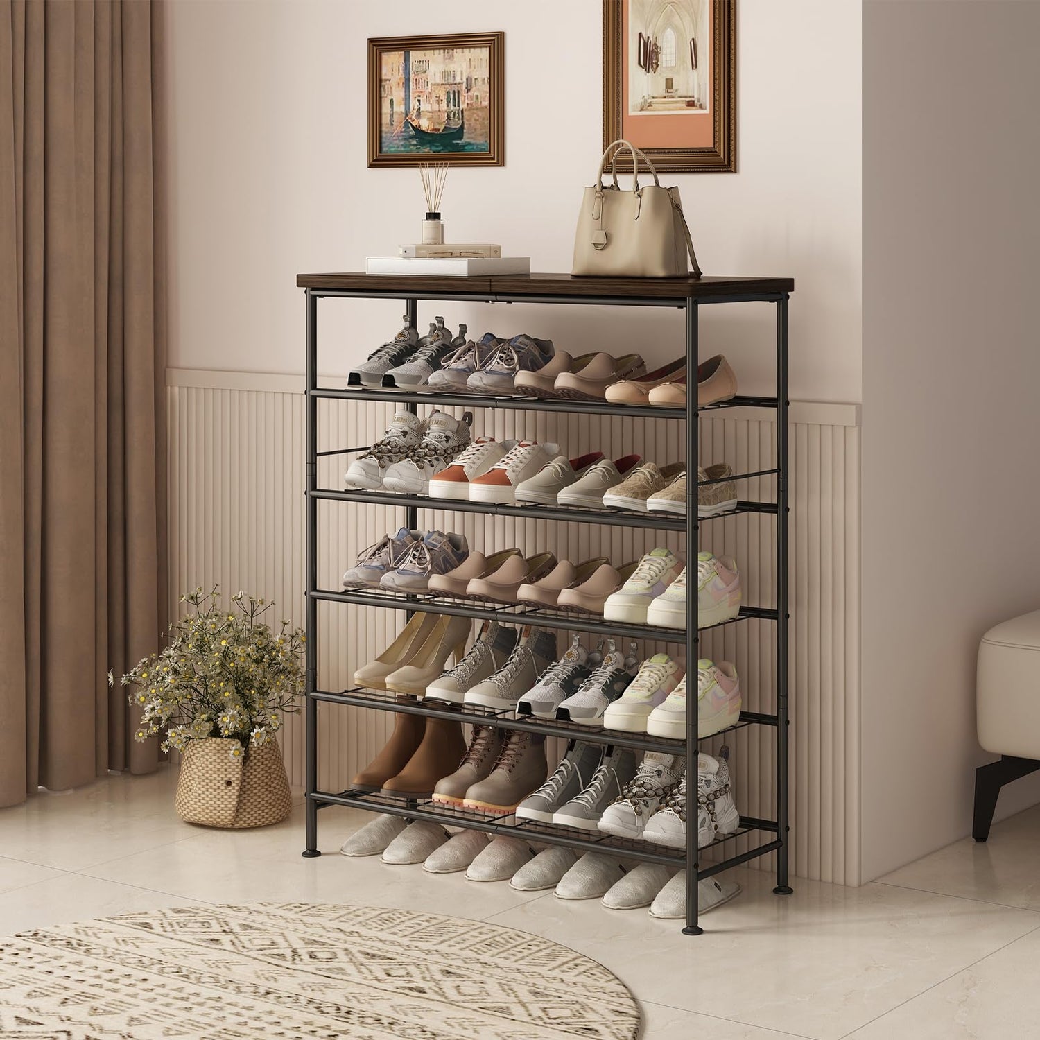 SUOERNUO Shoe Rack Organizer 6 Tier for Closet Entryway Free Standing Metal Storage Shoe Shelf with MDF Top Board，Black SUOERNUO