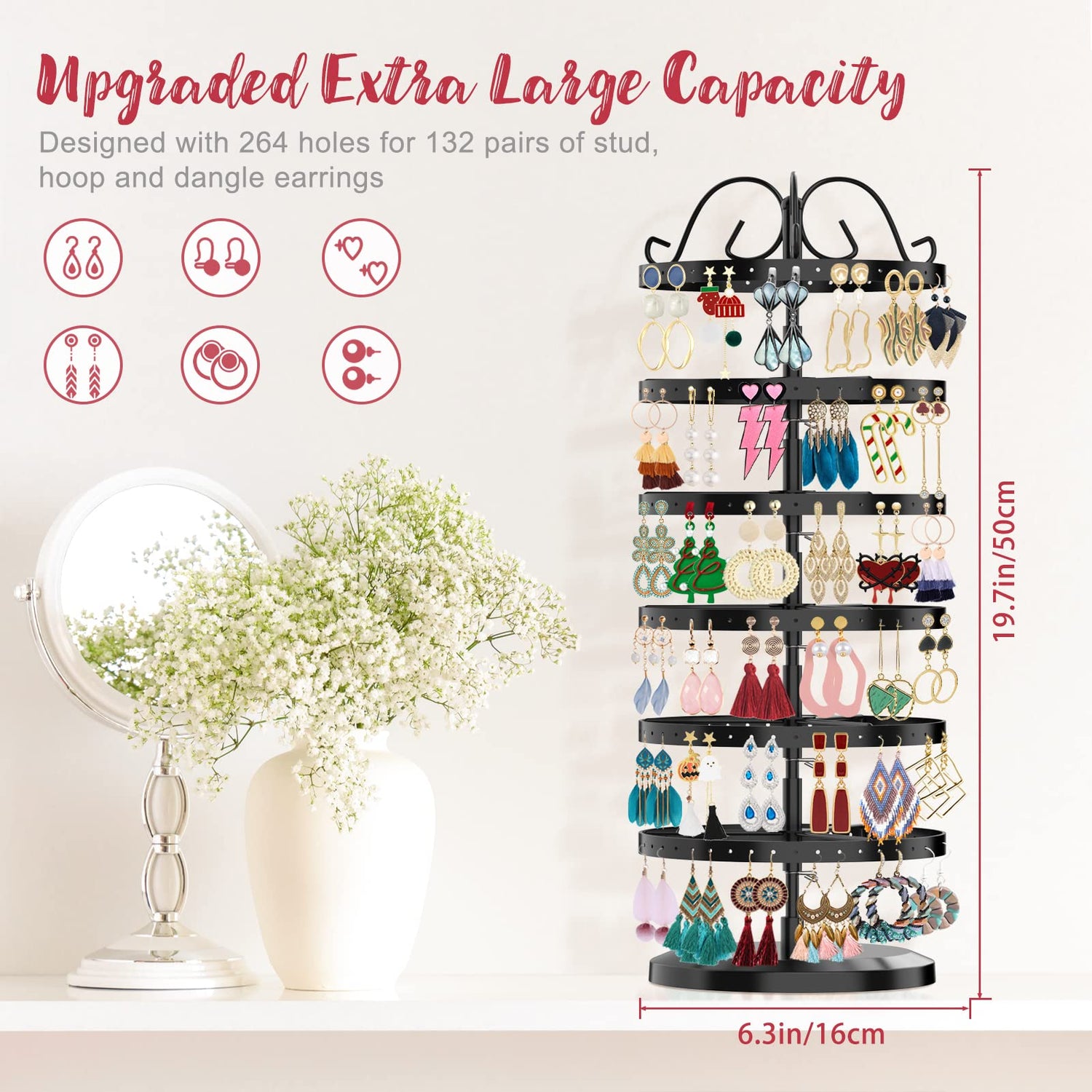 iDavosic.ly 6 Tier Metal Rotating Earring Holder Organizer, 264 Holes Earring Storage Display Tower Rack, Adjustable Earring Tree Organizer for Women iDavosic.ly