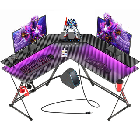 SEVEN WARRIOR L Shaped Gaming Desk with LED Lights & Power Outlets, 50.4” Computer Desk with Monitor Stand & Carbon Fiber Surface, Corner Desk with SEVEN WARRIOR