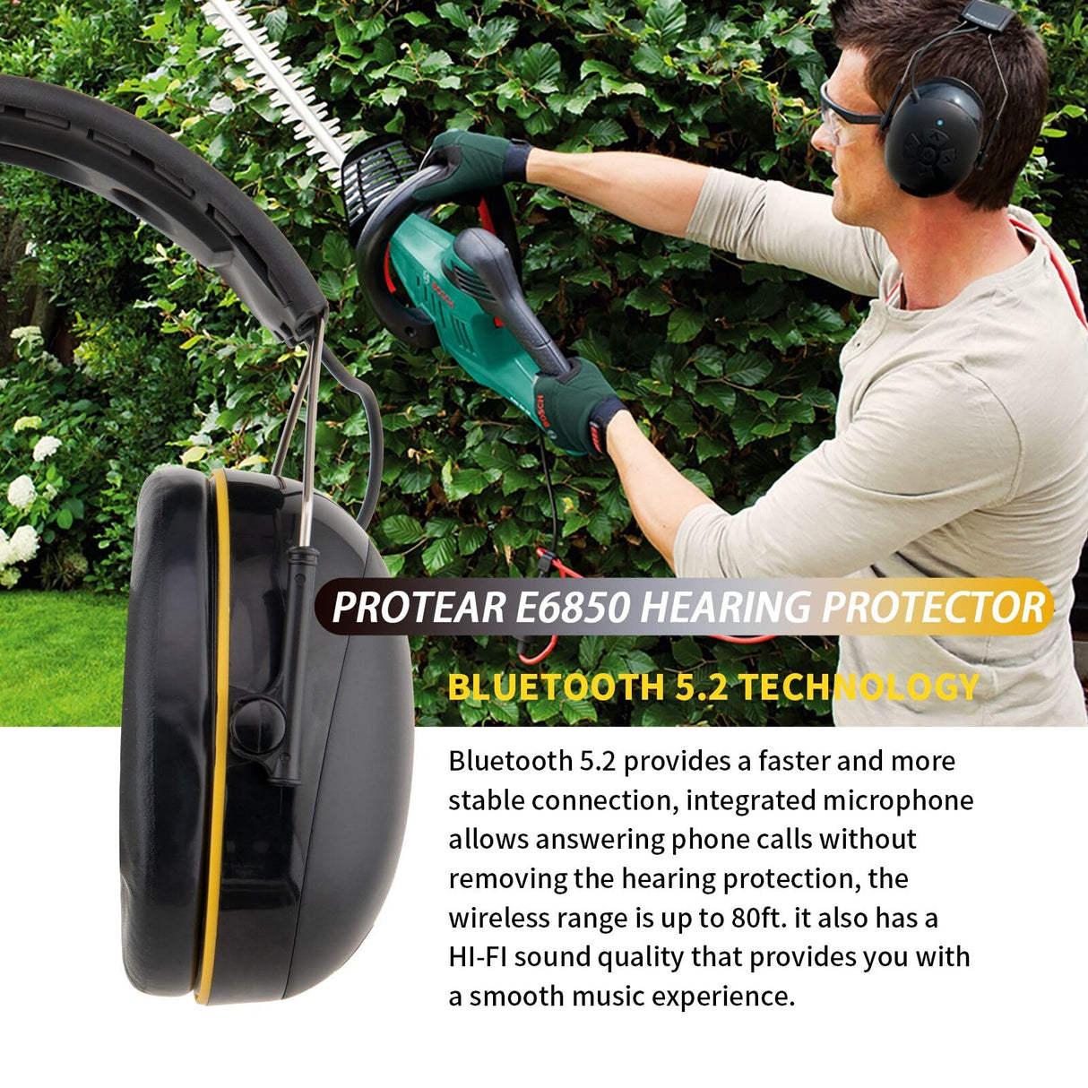 inf protear (Upgraded E6850 Bluetooth Hearing Protection with Integrated Microphone, High-Fidelity Speakers,48H+Playtime, Ideal Ear Muffs for Noise inf protear