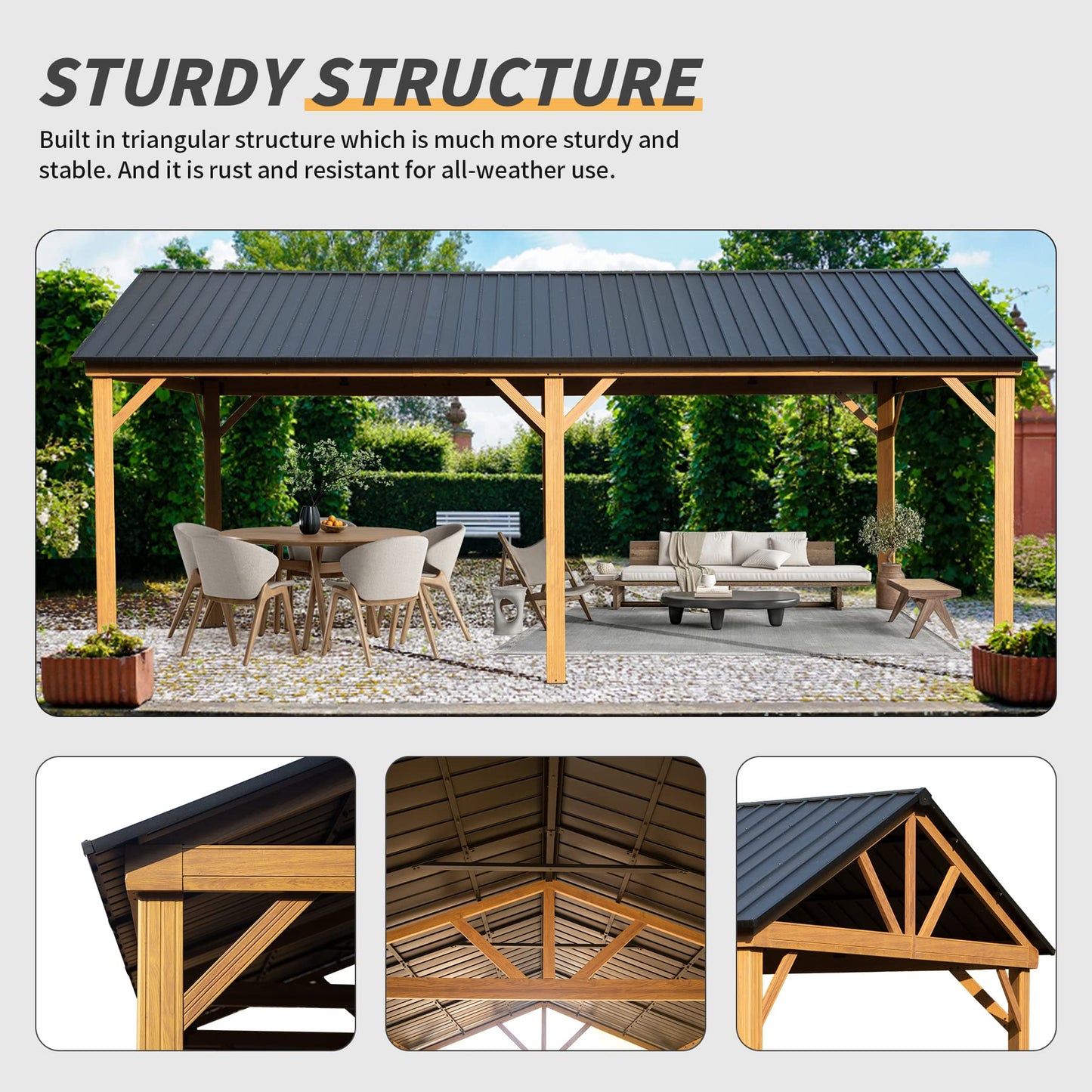 Domi 12’ x 20’ Hardtop Gazebo, Wooden Coated Aluminum Frame Canopy with Galvanized Steel Gable Roof, Outdoor Permanent Metal Pavilion for Patio, Deck - WoodArtSupply