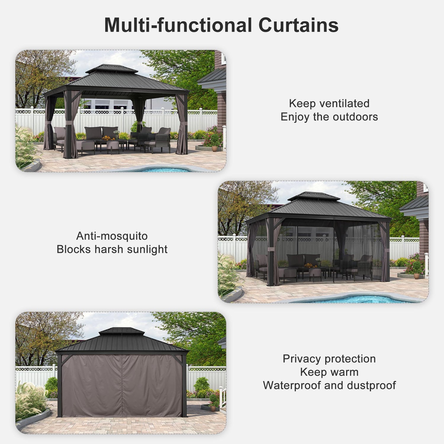 PURPLE LEAF 12' X 14' Patio Gazebo with Light Permanent Hardtop Gazebo with Metal Roof for Outdoor Lawn and Garden Grey PURPLE LEAF