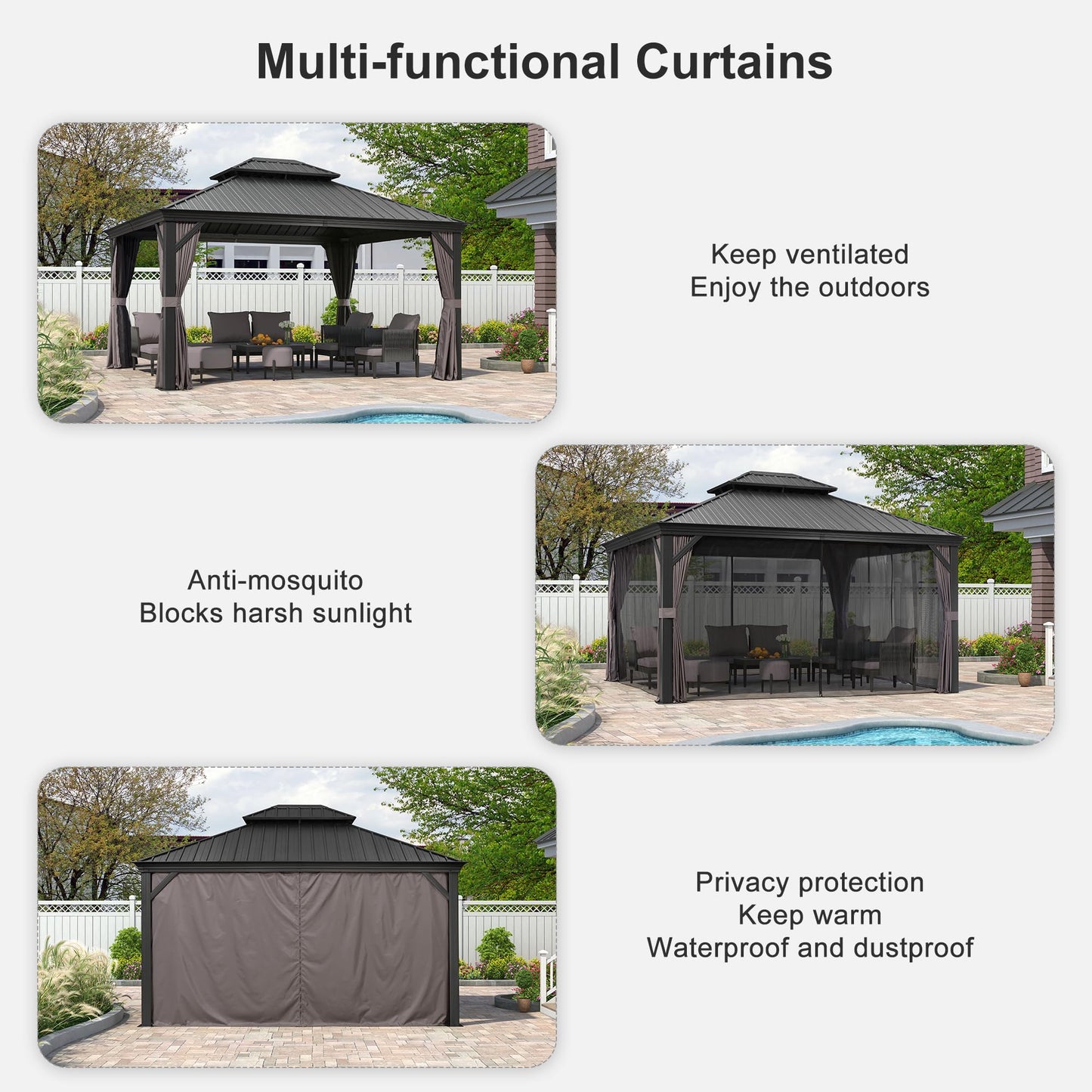 PURPLE LEAF 12' X 14' Patio Gazebo with Light Permanent Hardtop Gazebo with Metal Roof for Outdoor Lawn and Garden Grey - WoodArtSupply