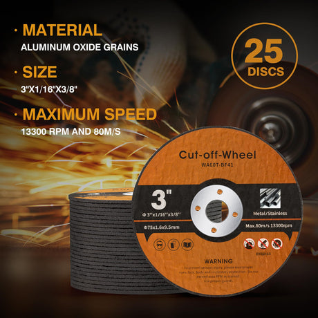Shawya 25 PCS 3 Inch Cut Off Wheels Metal and Stainless Steel Cutting Wheel for Angle Grinder 3"x1/16"x3/8"Cutting disc Die Grinder Cut Off Wheel Shawya