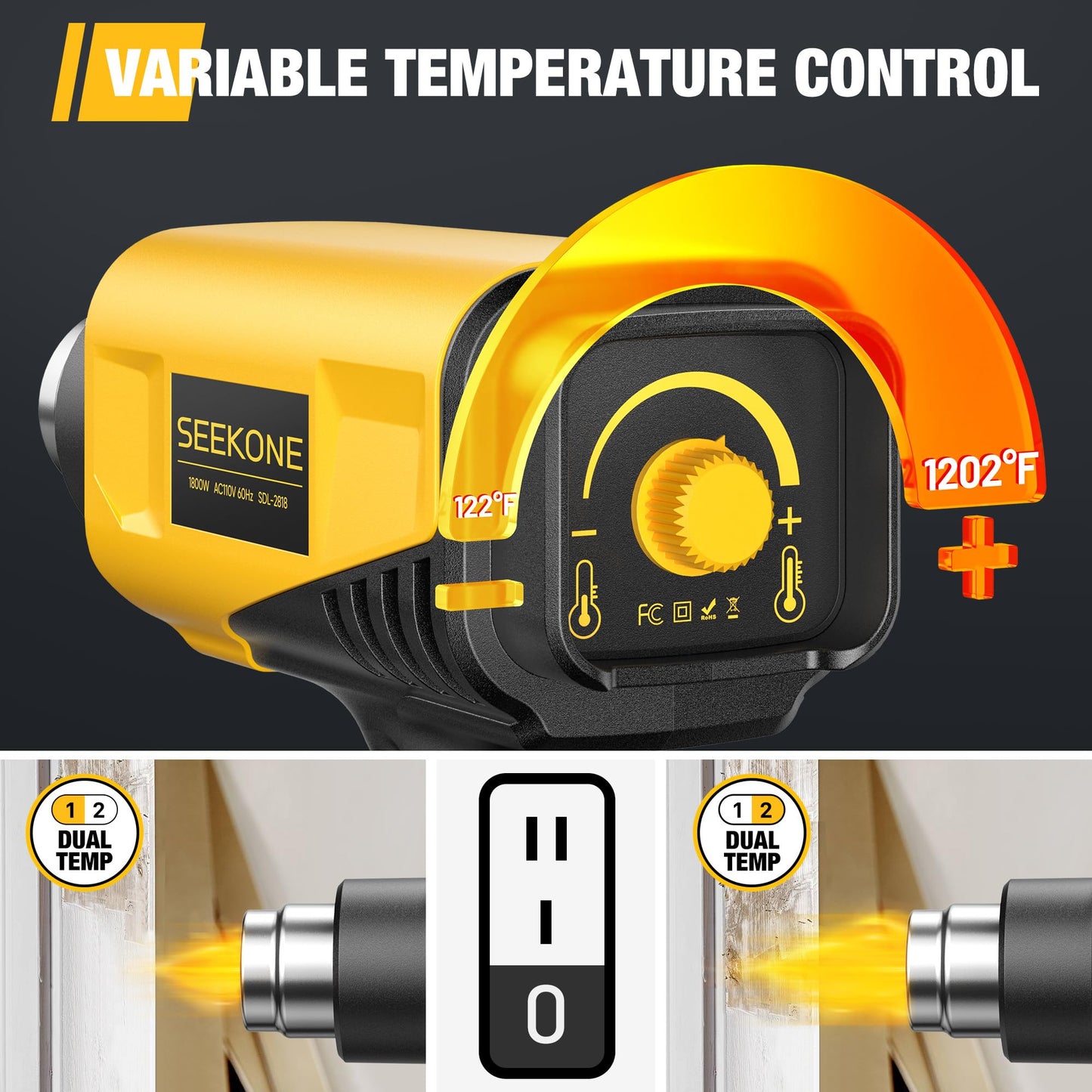 SEEKONE 1800W Heat Gun Compact Design Heavy Duty Hot Air Gun Variable Temperature Control for 2-Temp Settings 122℉~1202℉（50℃- 650℃）with 4 Nozzles for - WoodArtSupply