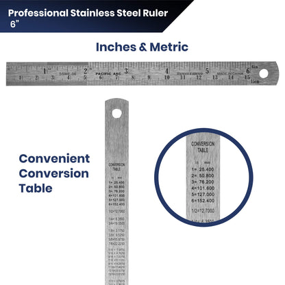 Pacific Arc 6 Inch Stainless Steel Ruler with Inch/Metric Conversion Table, 2 Pack - WoodArtSupply