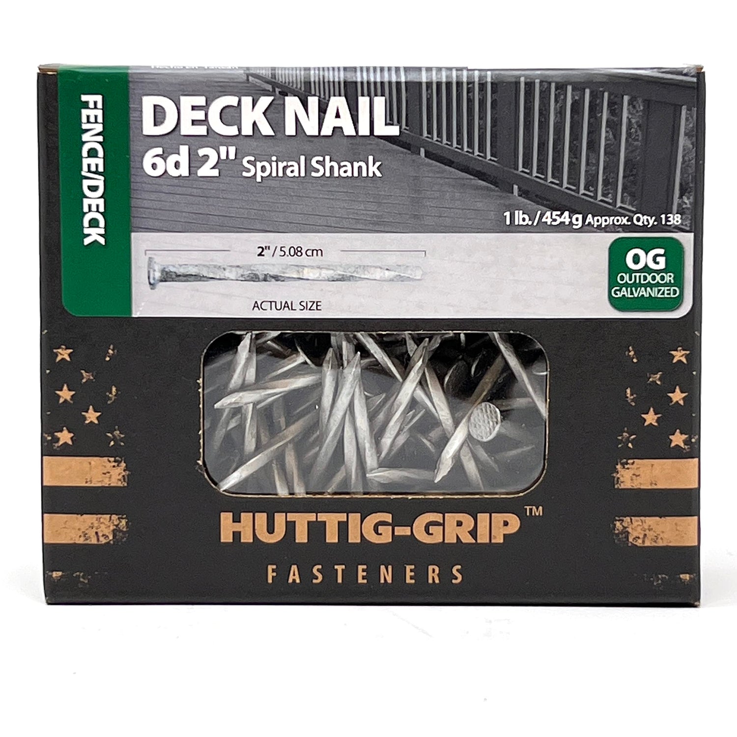 Huttig-Grip Fence Deck Nails 2 inches 6d for Wood Fencing HGN6OGSTDK1 Spiral Shank Outdoor Galvanized Finish, 1 lb Pack of 138 Nails OHIY