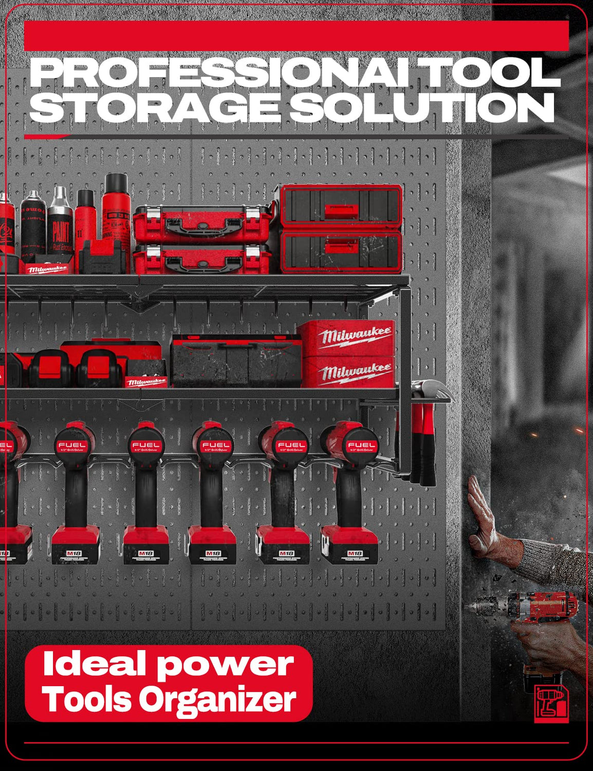 Amoowis Power Tool Organizer, Garage Organization with 7 Drill Holders, Tool Box Organizers and Storage Wall Mount, Metal Shelf Heavy Duty, Utility Amoowis