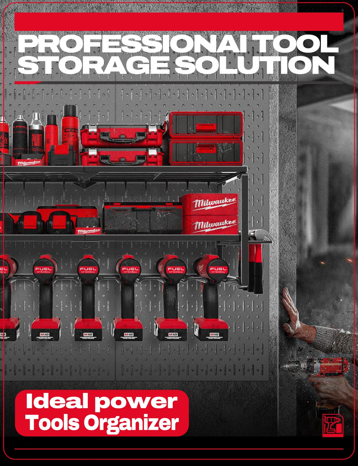 Amoowis Power Tool Organizer, Garage Organization with 7 Drill Holders, Tool Box Organizers and Storage Wall Mount, Metal Shelf Heavy Duty, Utility Amoowis