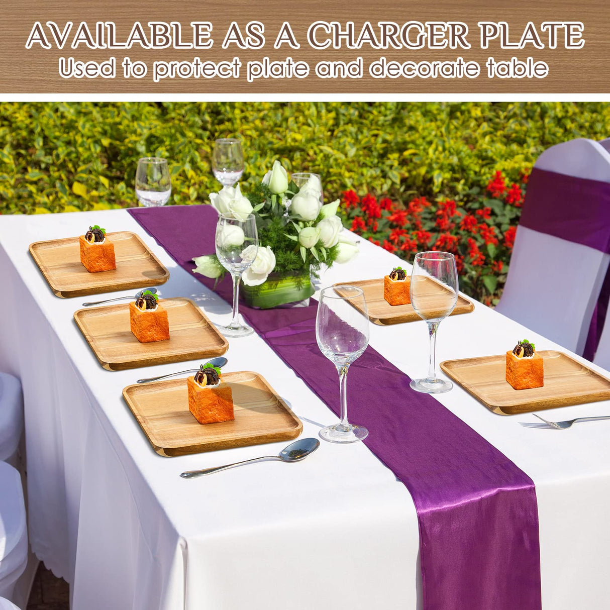 Didaey 6 Pcs Acacia Wood Square Plates 10" Wooden Plates Serving Trays for Meal Dishes Snack Dessert Easy Cleaning and Lightweight Didaey