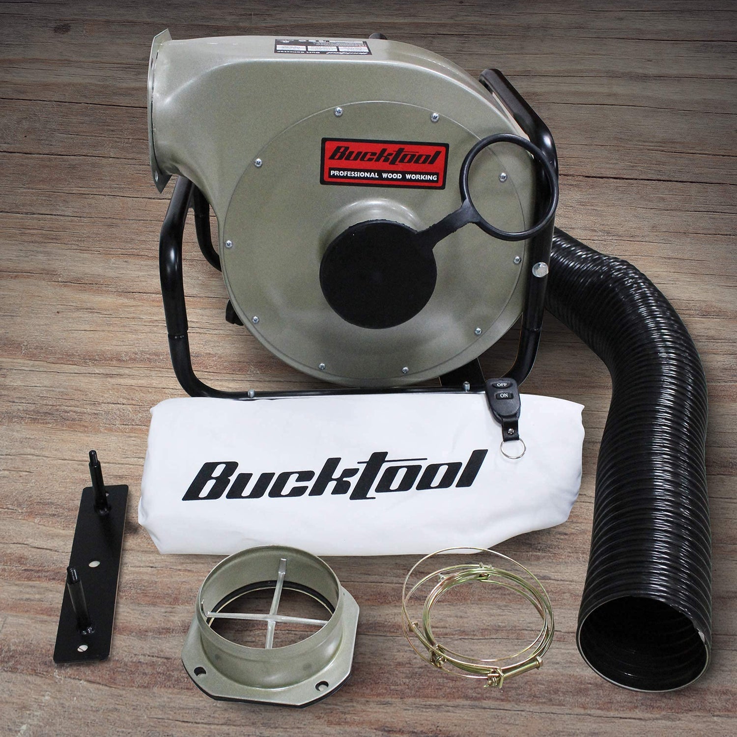 BUCKTOOL 1HP 6.5AMP Wall-mount Dust Collector with Remote Control and 2-micron Dust Filter Bag 550CFM Air Flow DC30A-1 Bucktool