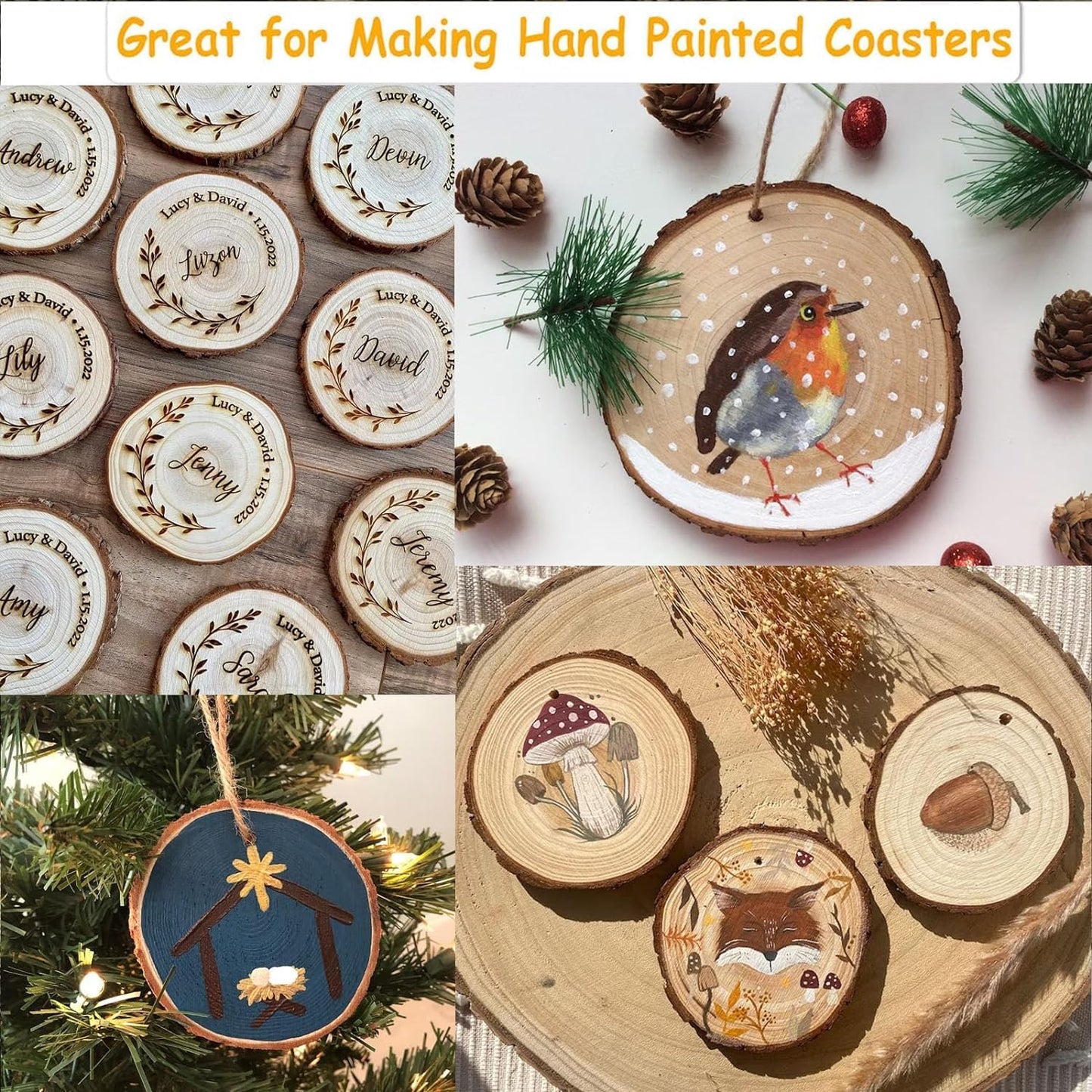 Natural Wood Slices - 30 Pcs 3.5-4 inches Craft Unfinished Wood kit Predrilled with Hole Wooden Circles for Arts Wood Slices Christmas Ornaments DIY