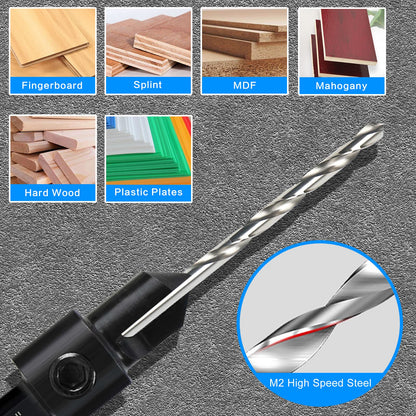 5-pc Countersink Tapered Drill Bit Set, 3in1 Woodworking Counterbore Hole Drill Bits for #6 8 10 12 16 Screws, Depth Adjustable M2 Pilot Drill Bits,
