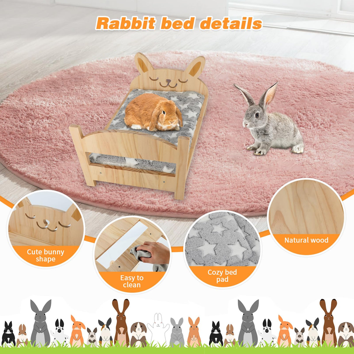 Midollarle Rabbit Bed with Soft Mat, Detachable Small Animal Bed, Wood Rabbit Habitat for Small Pets to Have a Cozy nest (Guinea Pig Hamster Ferrets Midollarle