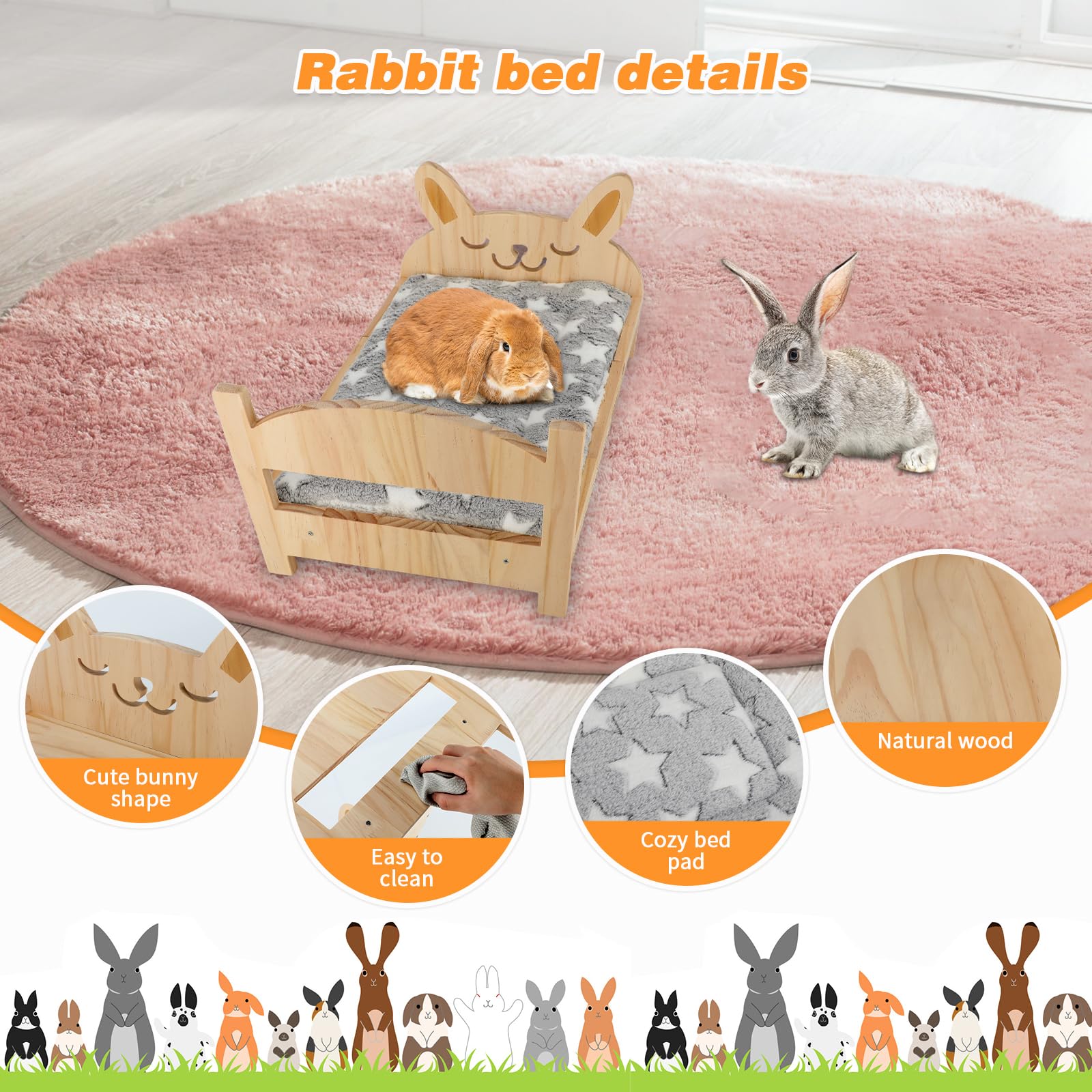 Midollarle Rabbit Bed with Soft Mat, Detachable Small Animal Bed, Wood Rabbit Habitat for Small Pets to Have a Cozy nest (Guinea Pig Hamster Ferrets - WoodArtSupply